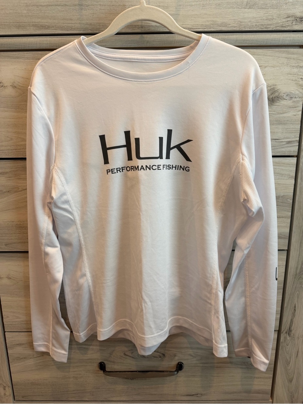 Huk White Long Sleeve Performance Fishing Tee with Black Logo
